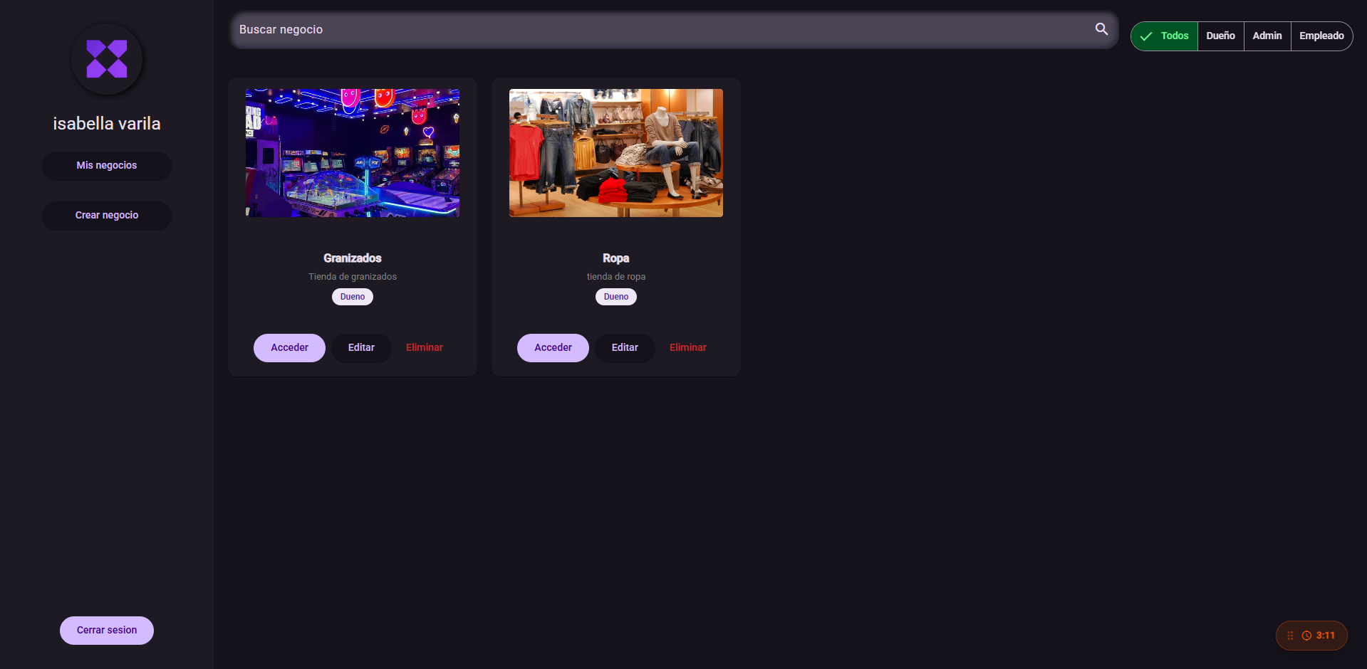 ProfitXControll multi-business dashboard showing two businesses: Granizados and Ropa clothing store